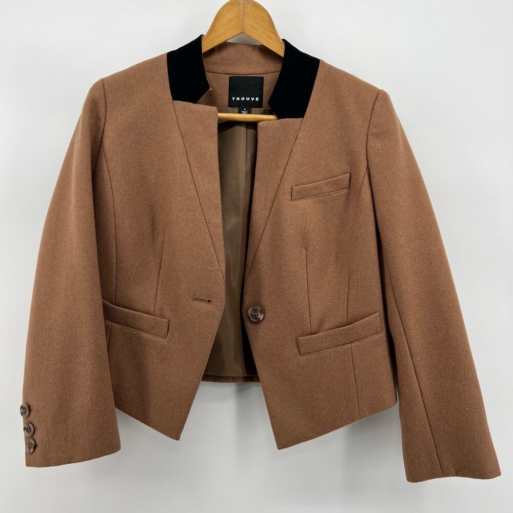 VTG Y2K Trouve Wool Blazer Women's S Brown Black Collar Cropped Old Money Preppy